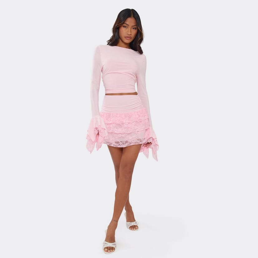 EGO Low Waist Ruffle Lace Detail Mini Skirt In Pink, Women's Size UK 6 - 1