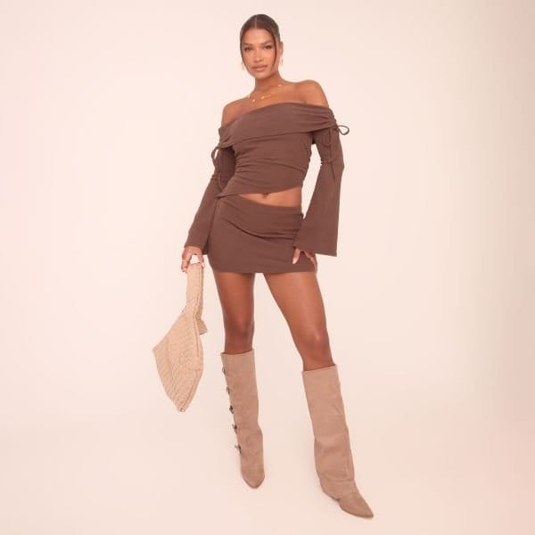 EGO Low Rise Mini Skirt In Chocolate Brown Brushed Rib, Women's Size UK 6 - 1