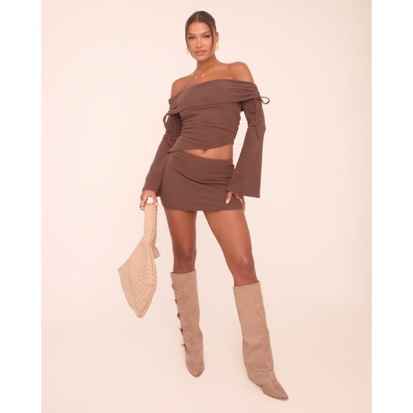 EGO Low Rise Mini Skirt In Chocolate Brown Brushed Rib, Women's Size UK 6 - 2