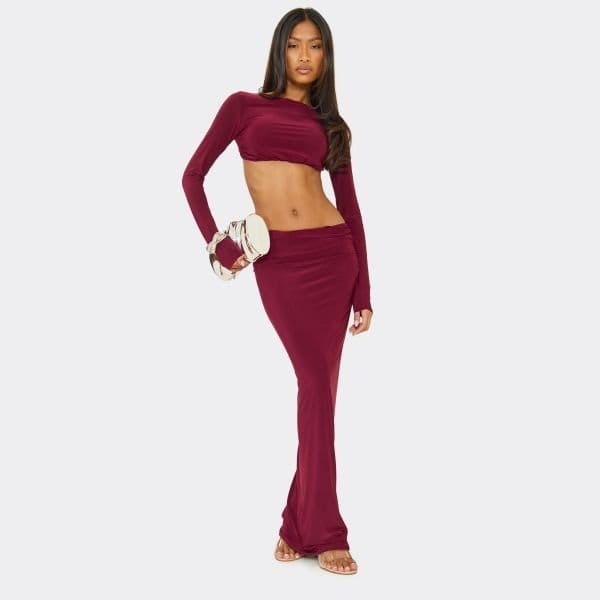 EGO Long Sleeve Cut Out Strap Detail Maxi Dress In Burgundy Slinky, Women's Size UK 6 - 1