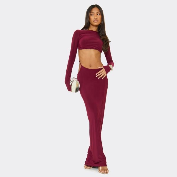 EGO Long Sleeve Cut Out Strap Detail Maxi Dress In Burgundy Slinky, Women's Size UK 6 - 2