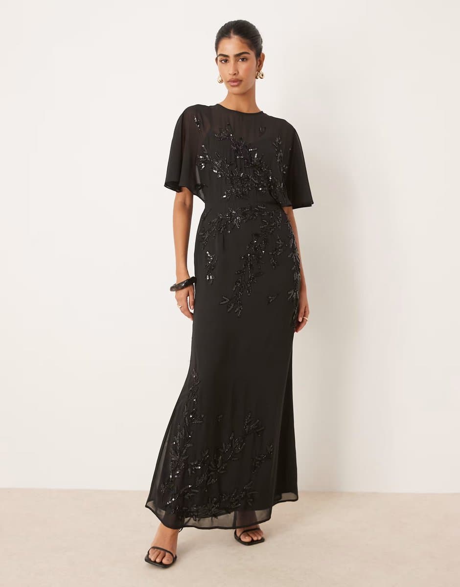 ASOS Maya Floral embellished angel sleeve maxi dress in black