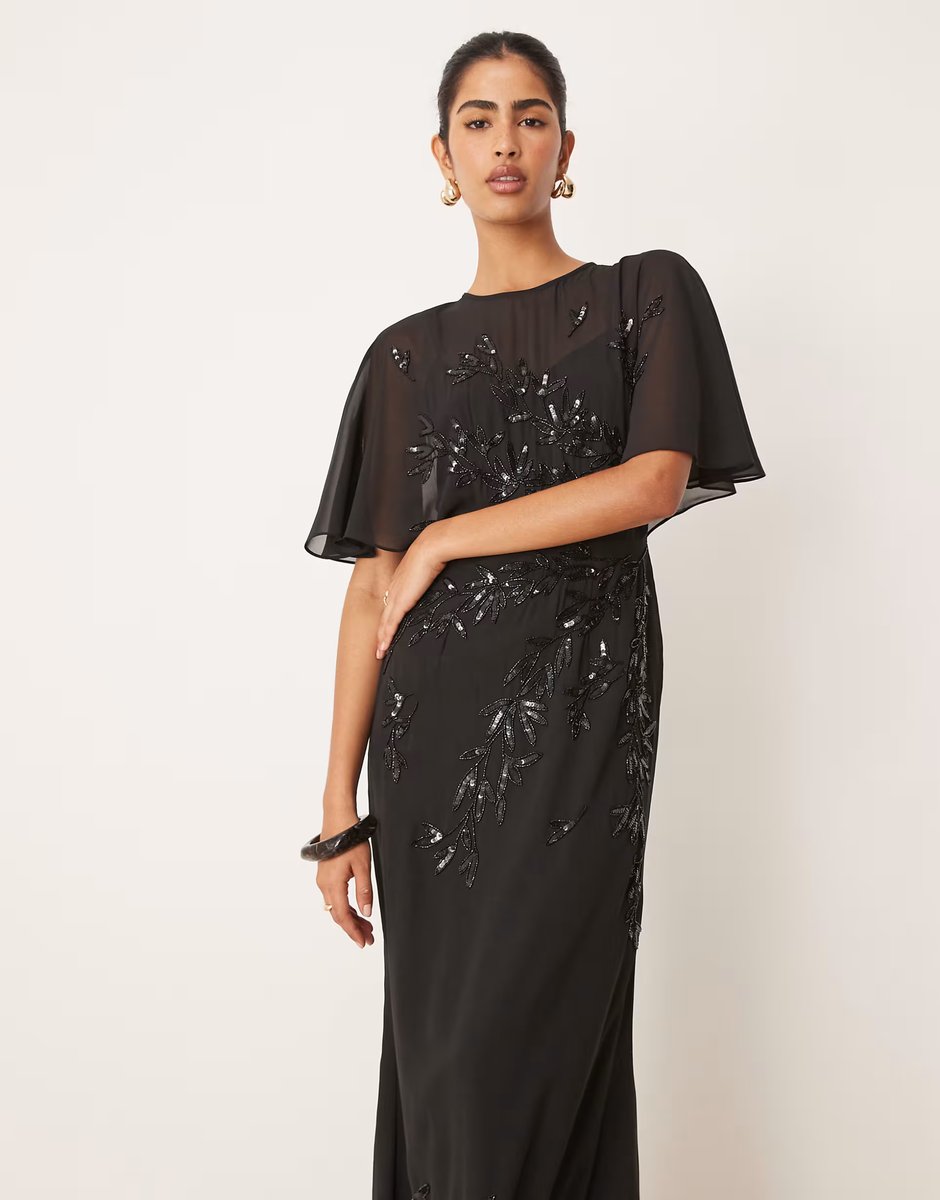 ASOS Maya Floral embellished angel sleeve maxi dress in black - 4