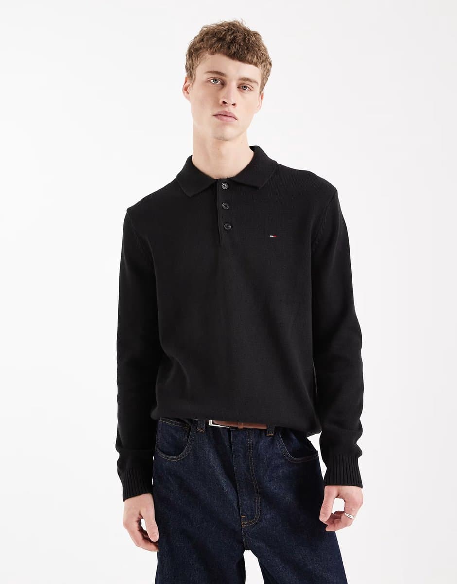 ASOS Tommy Jeans chest logo long sleeve polo shirt in black