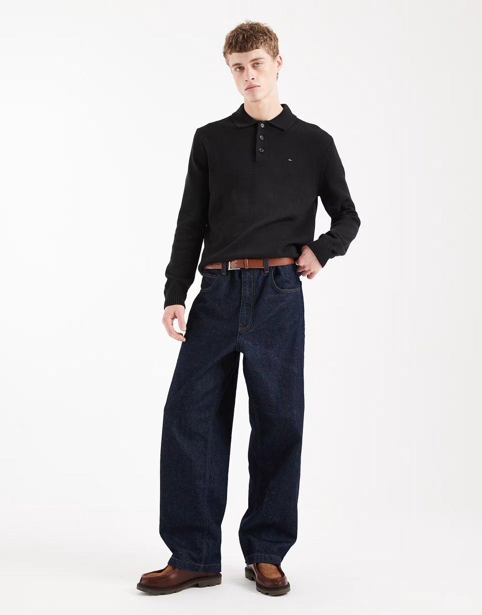 ASOS Tommy Jeans chest logo long sleeve polo shirt in black - 2