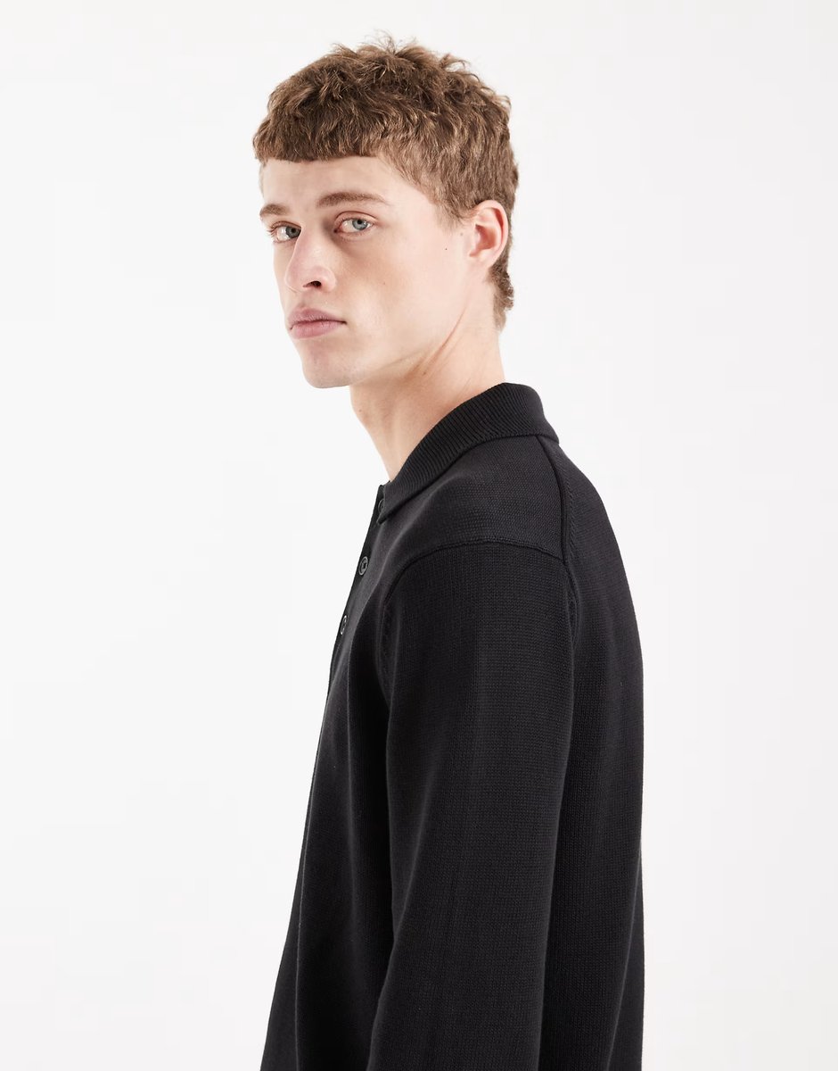 ASOS Tommy Jeans chest logo long sleeve polo shirt in black - 4