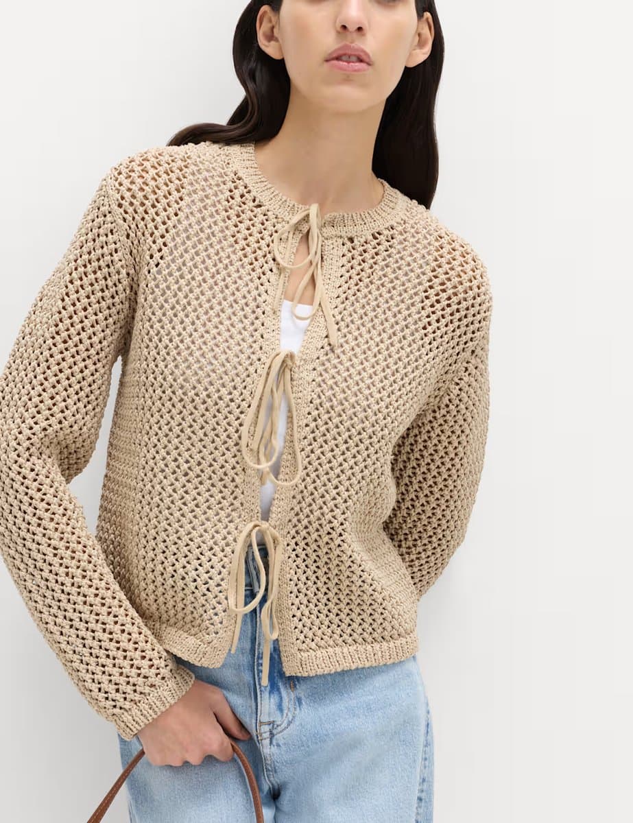 Marks & Spencer M&S Textured Tie Front Slim Fit Cropped Cardigan Sandstone