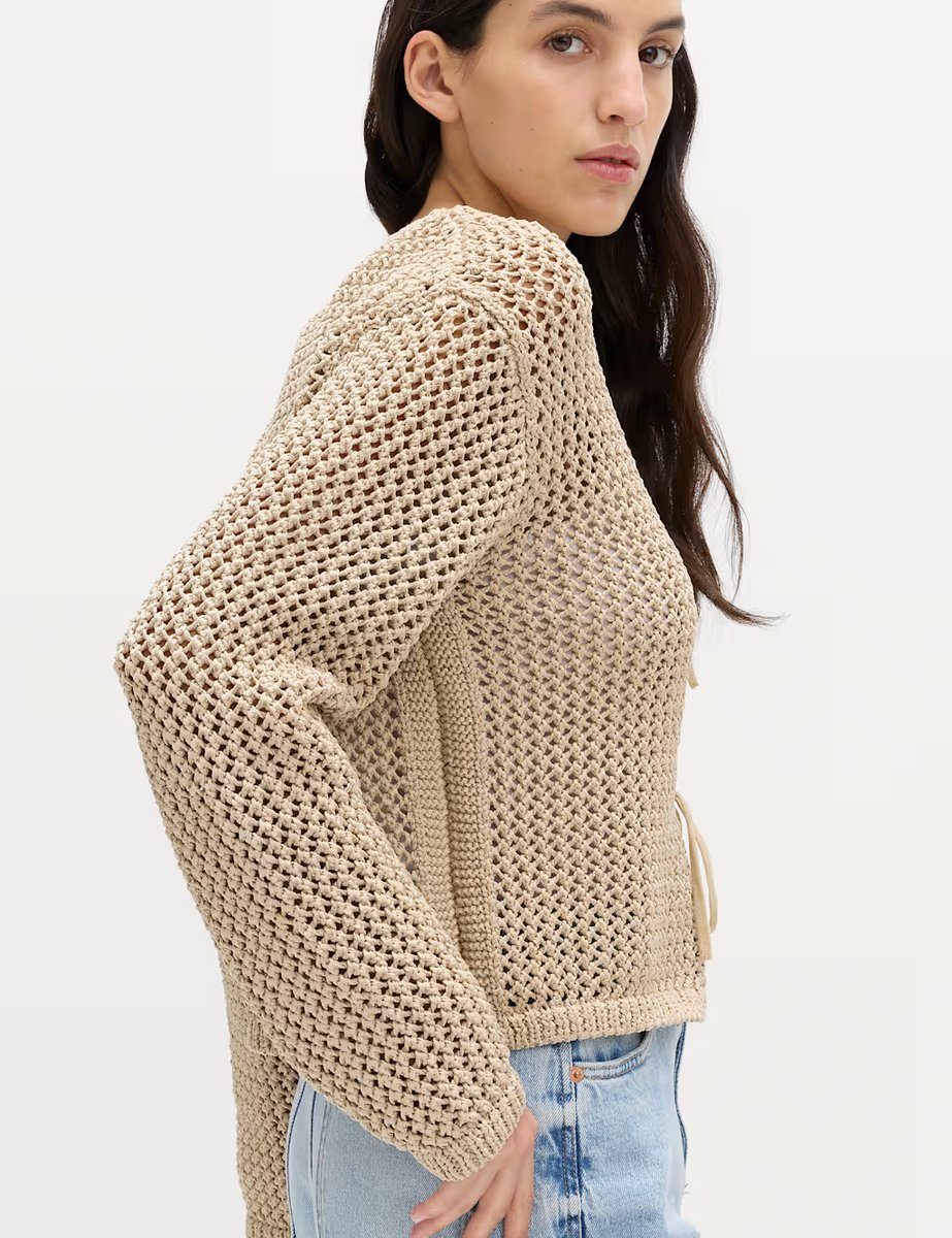 Marks & Spencer M&S Textured Tie Front Slim Fit Cropped Cardigan Sandstone - 2