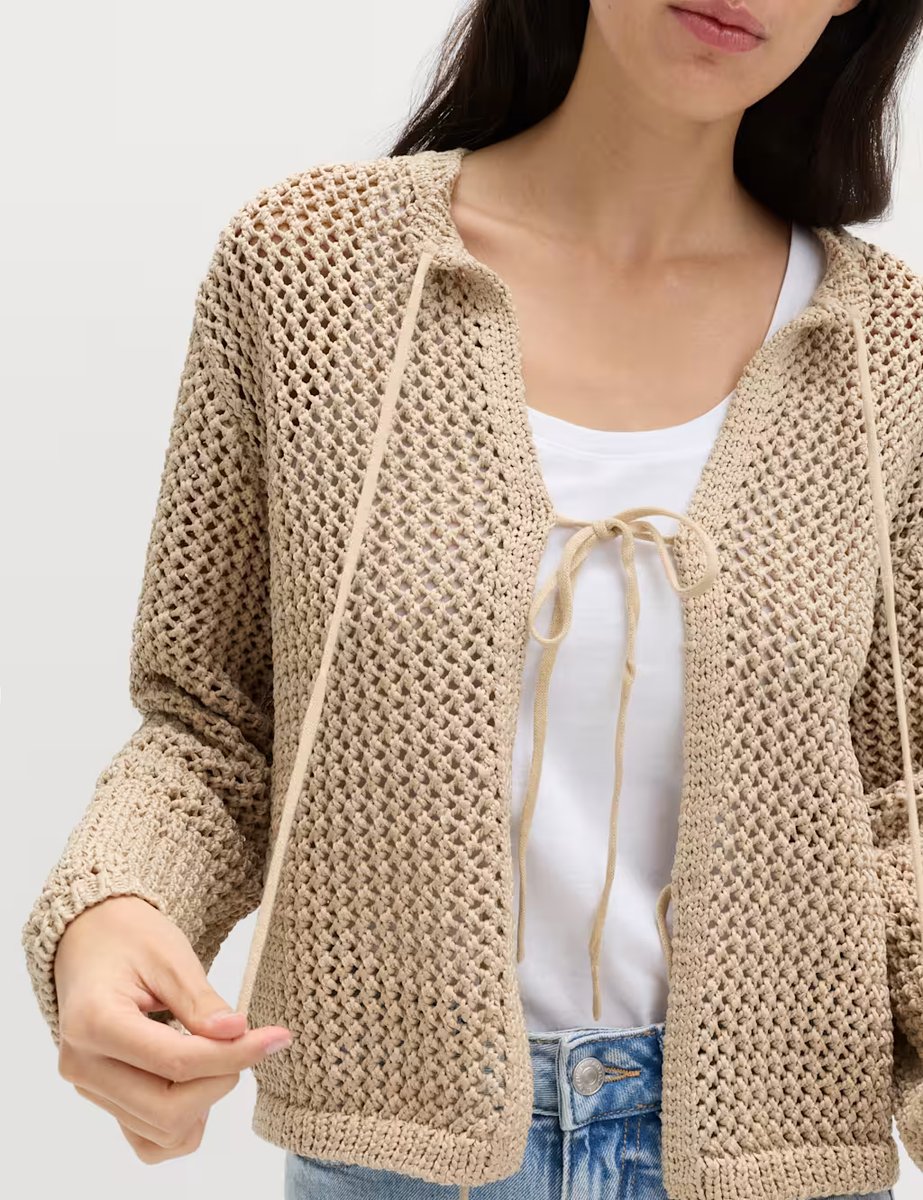 Marks & Spencer M&S Textured Tie Front Slim Fit Cropped Cardigan Sandstone - 4