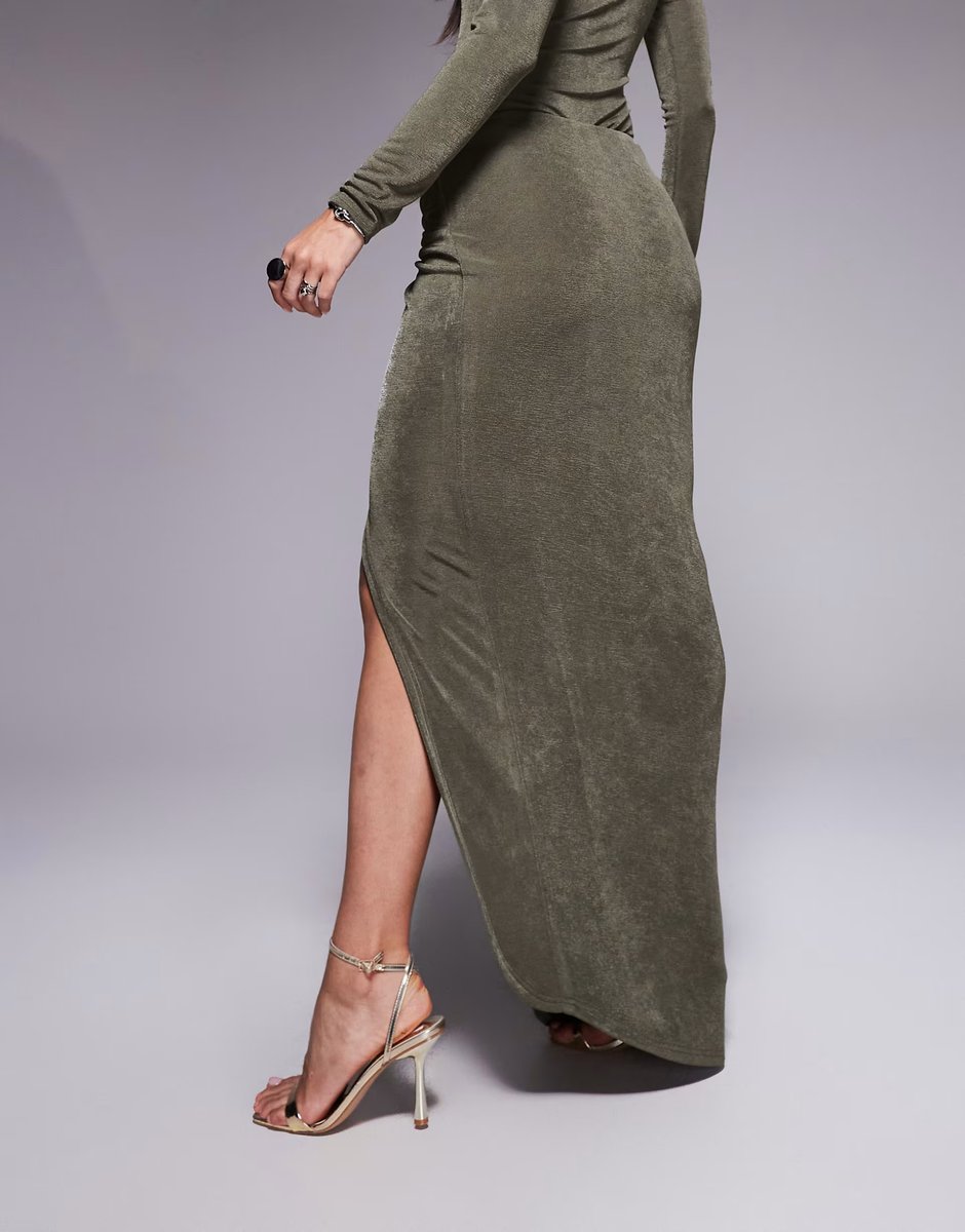ASOS Ruched & Ready You Could Never sculpted textured slinky side twist thigh split maxi skirt co-ord in olive green - 3