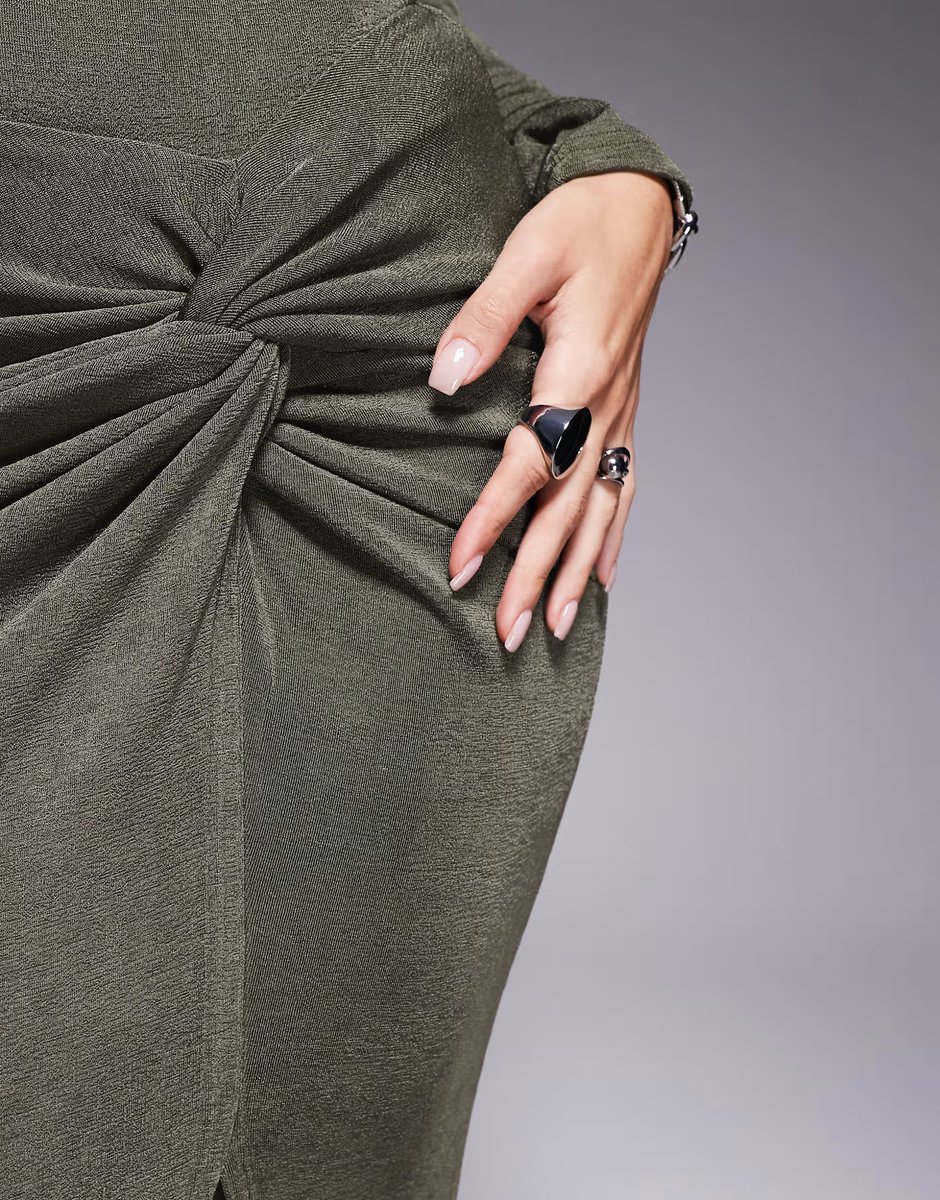 ASOS Ruched & Ready You Could Never sculpted textured slinky side twist thigh split maxi skirt co-ord in olive green - 4
