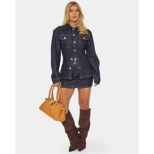 EGO Button Front Mini Skirt In Dark Indigo Denim, Women's Size UK 6 - 2