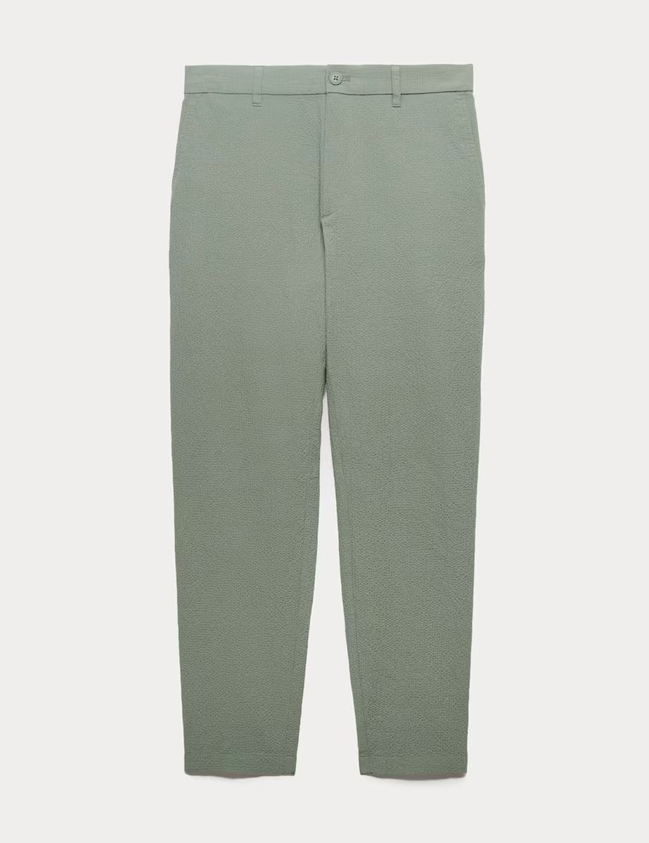 Marks & Spencer M&S Tapered Fit Cotton Rich Seersucker Trousers Moss Green - 1