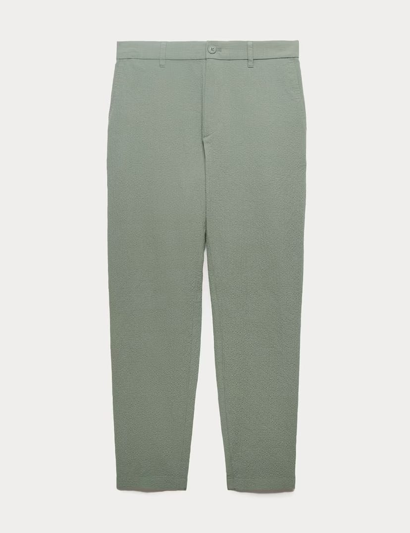 Marks & Spencer M&S Tapered Fit Cotton Rich Seersucker Trousers Moss Green - 1