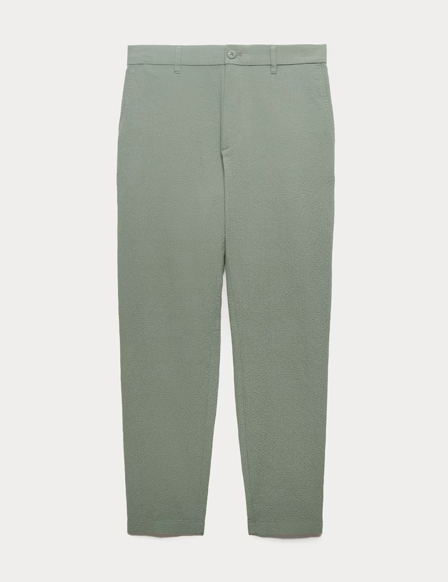 Marks & Spencer M&S Tapered Fit Cotton Rich Seersucker Trousers Moss Green - 2