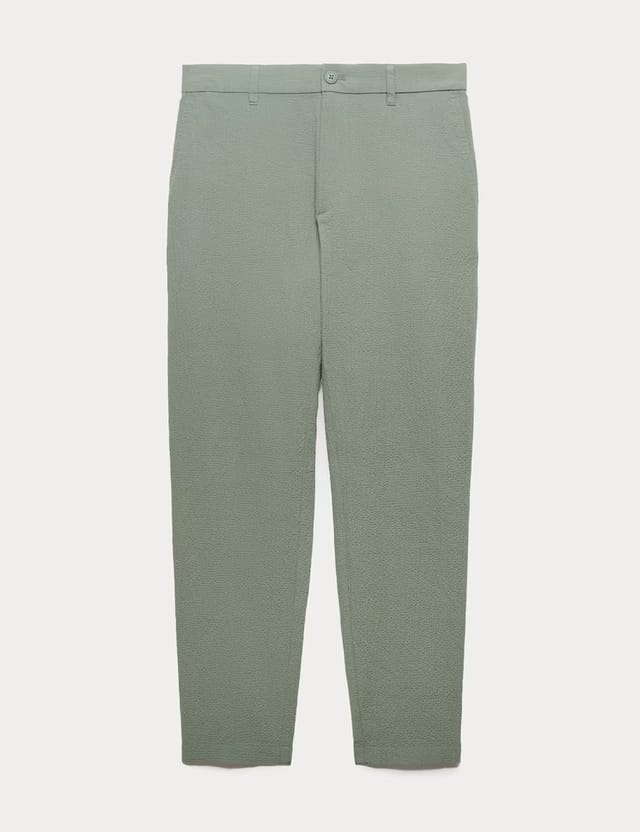 Marks & Spencer M&S Tapered Fit Cotton Rich Seersucker Trousers Moss Green - 2