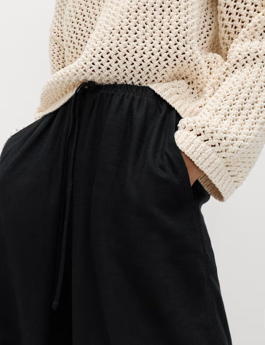 Marks & Spencer M&S Drawstring Wide Leg Trousers with Linen Black - 2