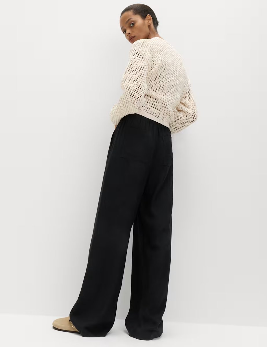 Marks & Spencer M&S Drawstring Wide Leg Trousers with Linen Black - 3