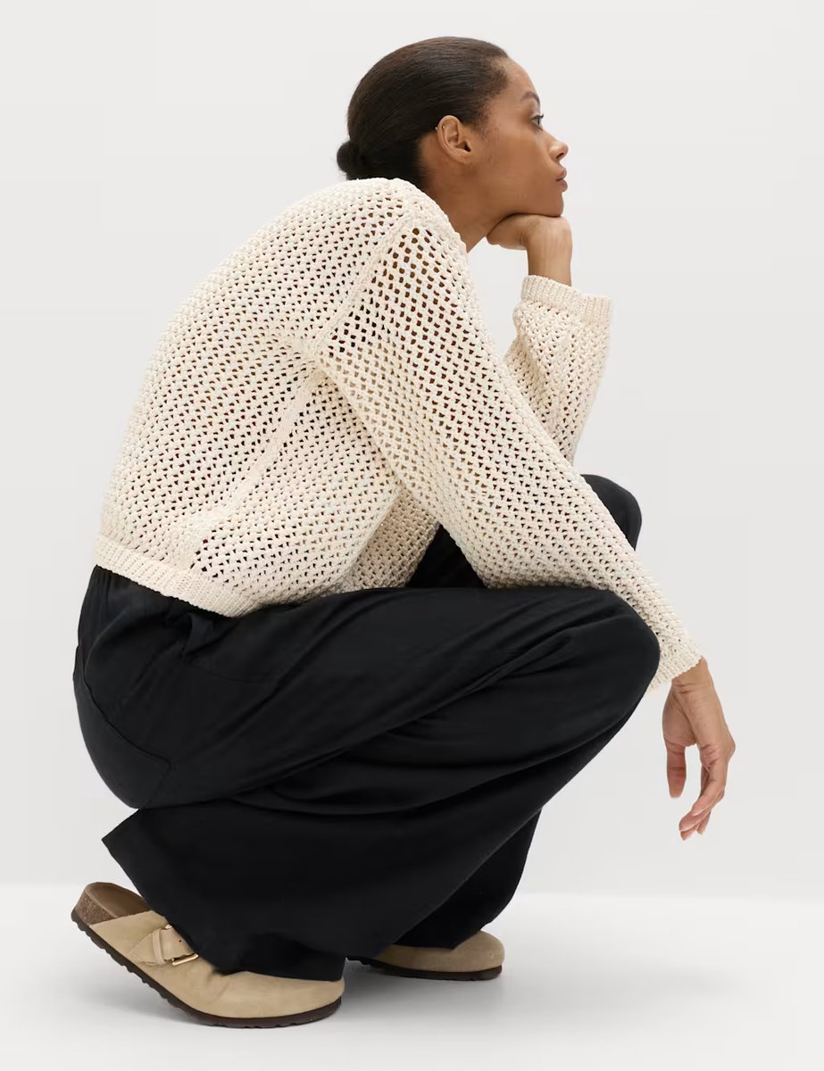 Marks & Spencer M&S Drawstring Wide Leg Trousers with Linen Black - 4