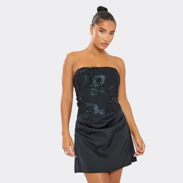 EGO Bandeau Floral Corset Ruched Detail A-Line Mini Dress In Black Satin, Women's Size UK 6