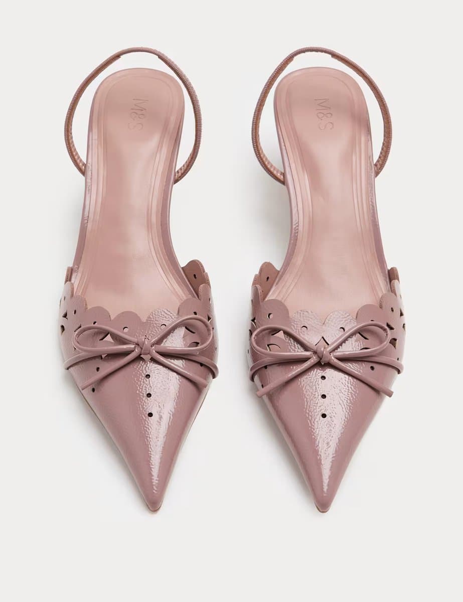 Marks & Spencer M&S Patent Bow Cut Out Kitten Heel Pointed Slingback Shoes Blush Pink