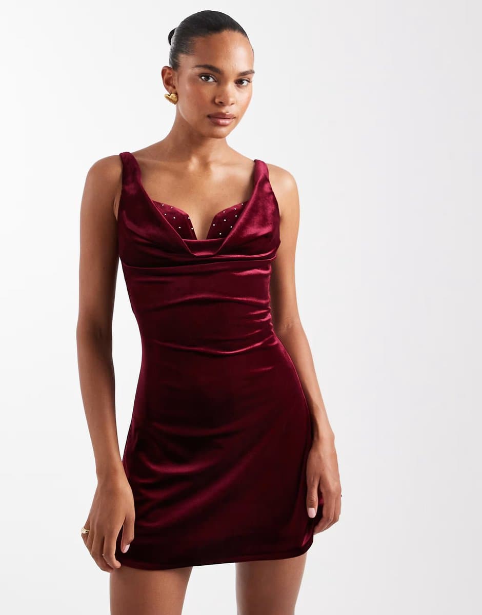 ASOS Jaded Rose velvet mini with hotfix bra top detail in burgundy