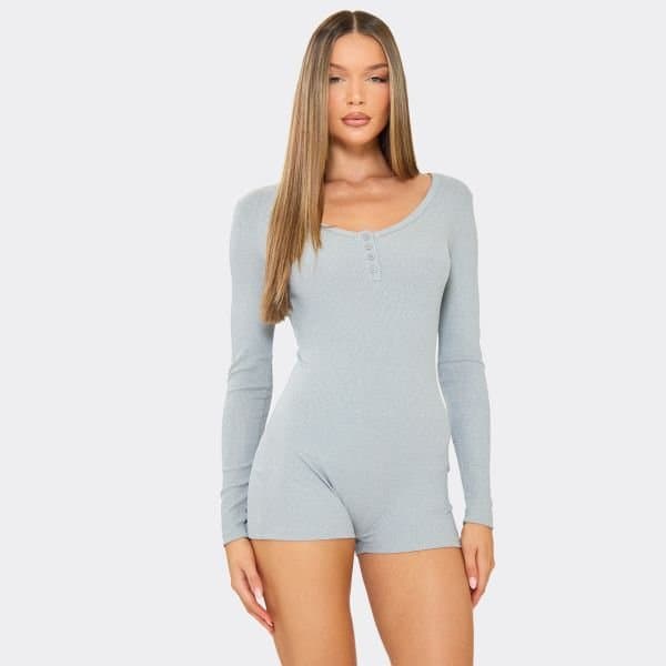 EGO Long Sleeve Scoop Neck Button Front Pyjama Romper In Grey, Women's Size UK Large L