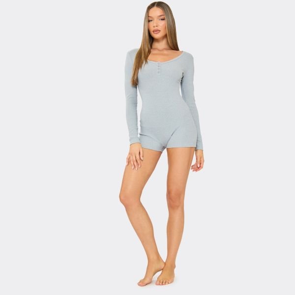 EGO Long Sleeve Scoop Neck Button Front Pyjama Romper In Grey, Women's Size UK Large L - 2