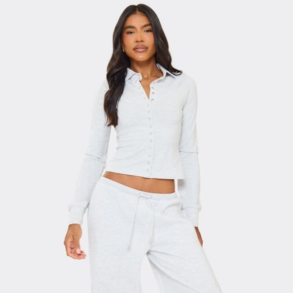 EGO Long Sleeve Collared Popper Detail Top In Light Grey Marl, Women's Size UK 4 - 1