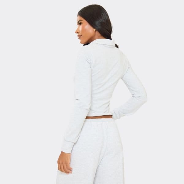 EGO Long Sleeve Collared Popper Detail Top In Light Grey Marl, Women's Size UK 4 - 2