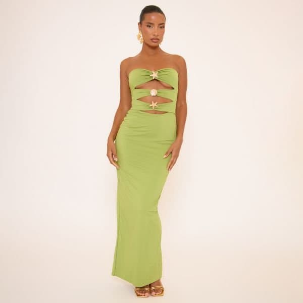 EGO Bandeau Cut Out Multi Trim Detail Maxi Dress In Green, Women's Size UK 6