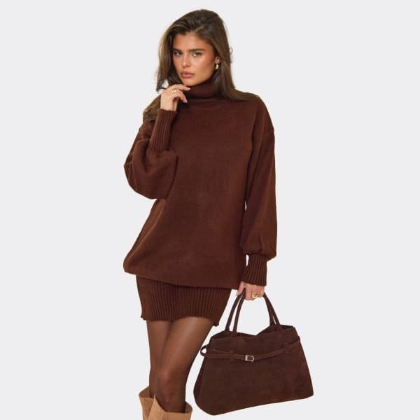 EGO Roll Neck Draped Long Sleeve Mini Dress In Chocolate Brown Knit, Women's Size UK Medium M - 1