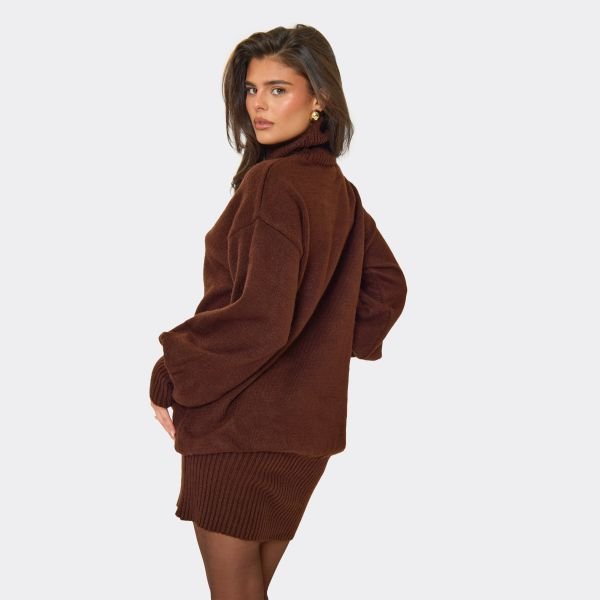 EGO Roll Neck Draped Long Sleeve Mini Dress In Chocolate Brown Knit, Women's Size UK Medium M - 2