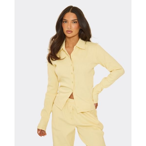 EGO Long Sleeve Collared Button Up Fitted Top In Yellow Ribbed, Women's Size UK 6 - 2