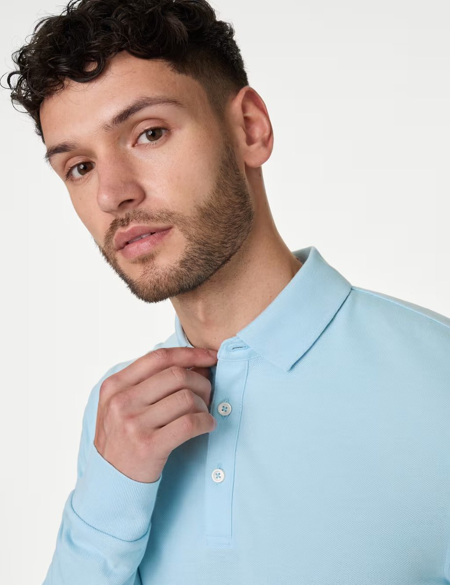 Marks & Spencer M&S 2 Pack Pure Cotton Long Sleeve Polo Shirts Pale Blue Mix - 2