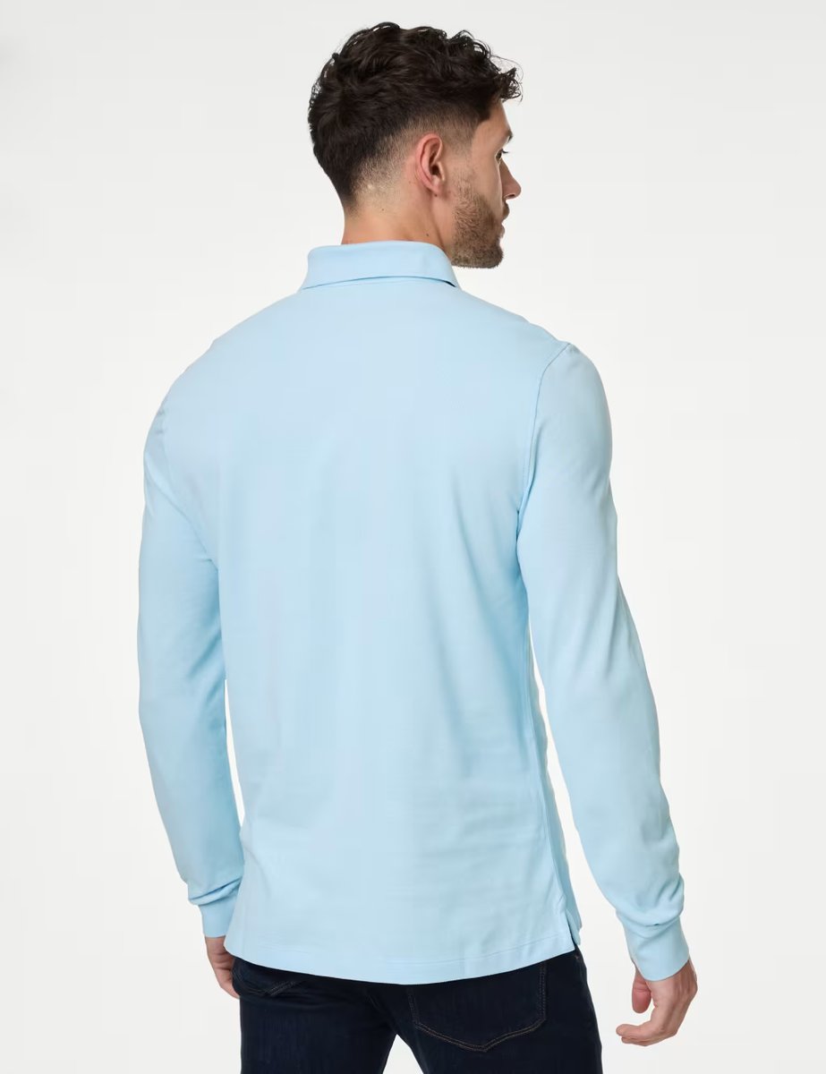 Marks & Spencer M&S 2 Pack Pure Cotton Long Sleeve Polo Shirts Pale Blue Mix - 4