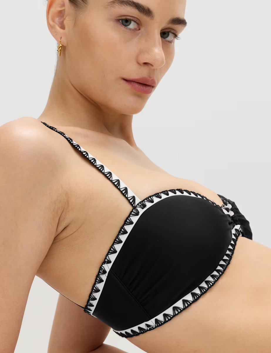 Marks & Spencer M&S Blanket Stitch Padded Ring Detail Bandeau Bikini Top Black Mix - 2