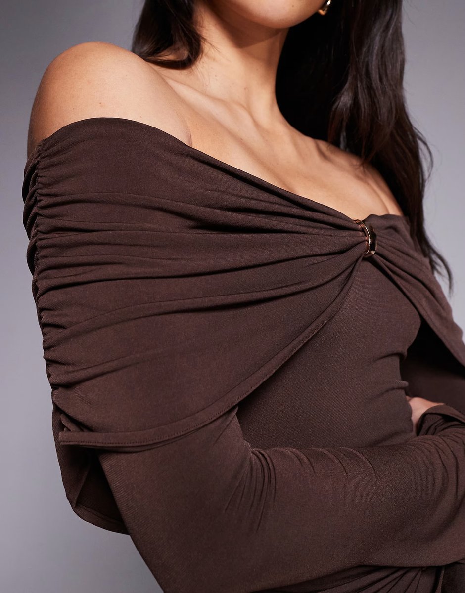 ASOS Ruched & Ready sculpted off shoulder gold hardware ruched bodycon mini dress in chocolate - 4