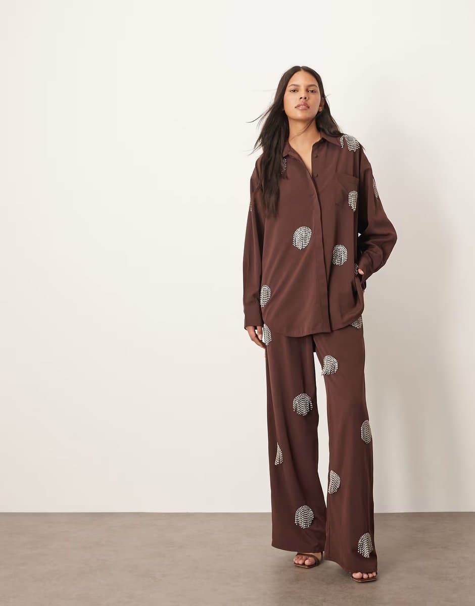 ASOS ARRANGE co-ord embellished diamante fringe spot wide leg trouser in chocolate