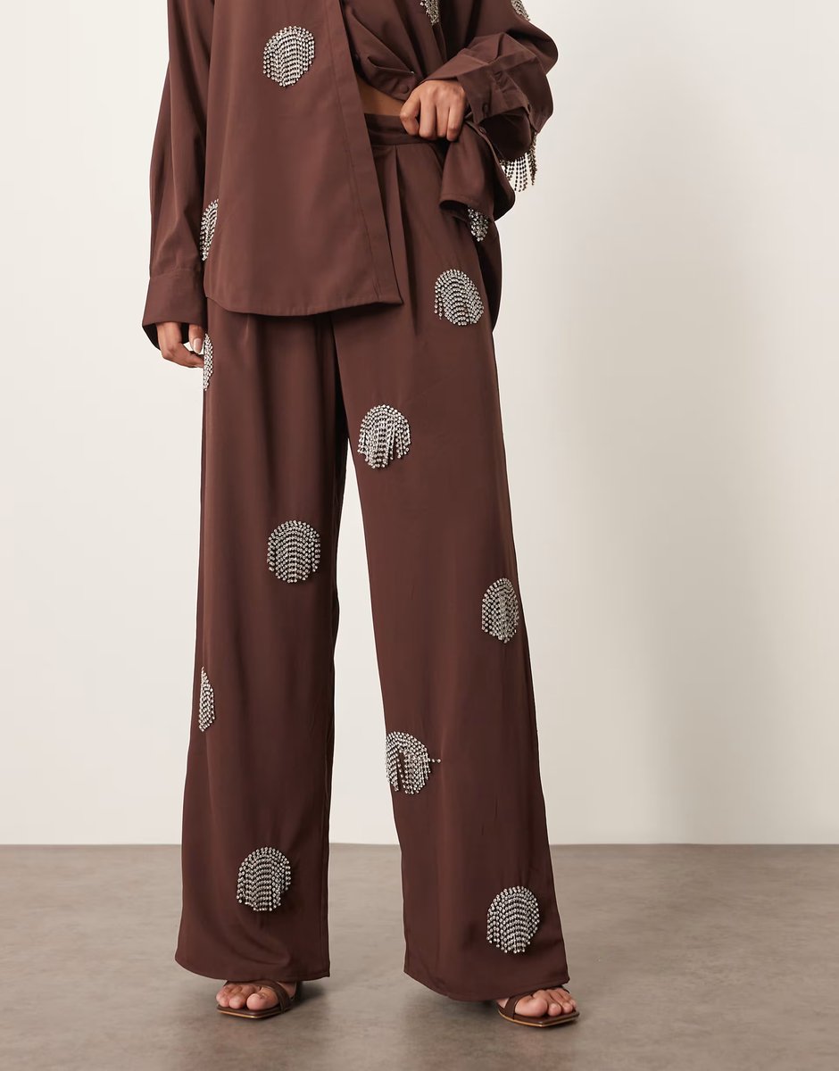 ASOS ARRANGE co-ord embellished diamante fringe spot wide leg trouser in chocolate - 3