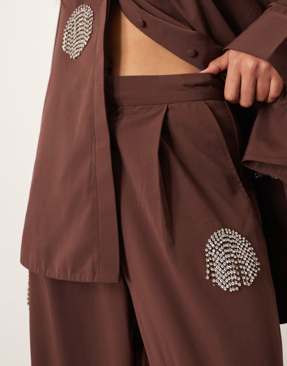 ASOS ARRANGE co-ord embellished diamante fringe spot wide leg trouser in chocolate - 4