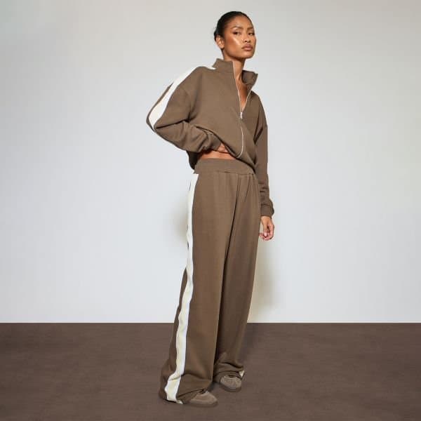 EGO Mid Rise Contrast Stripe Wide Leg Joggers In Brown, Women's Size UK 6