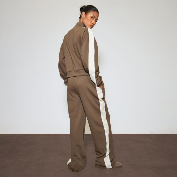 EGO Mid Rise Contrast Stripe Wide Leg Joggers In Brown, Women's Size UK 6 - 2