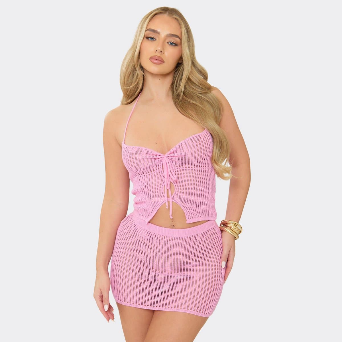 EGO Halterneck Tie Front Top In Pink Crochet Knit, Women's Size UK L