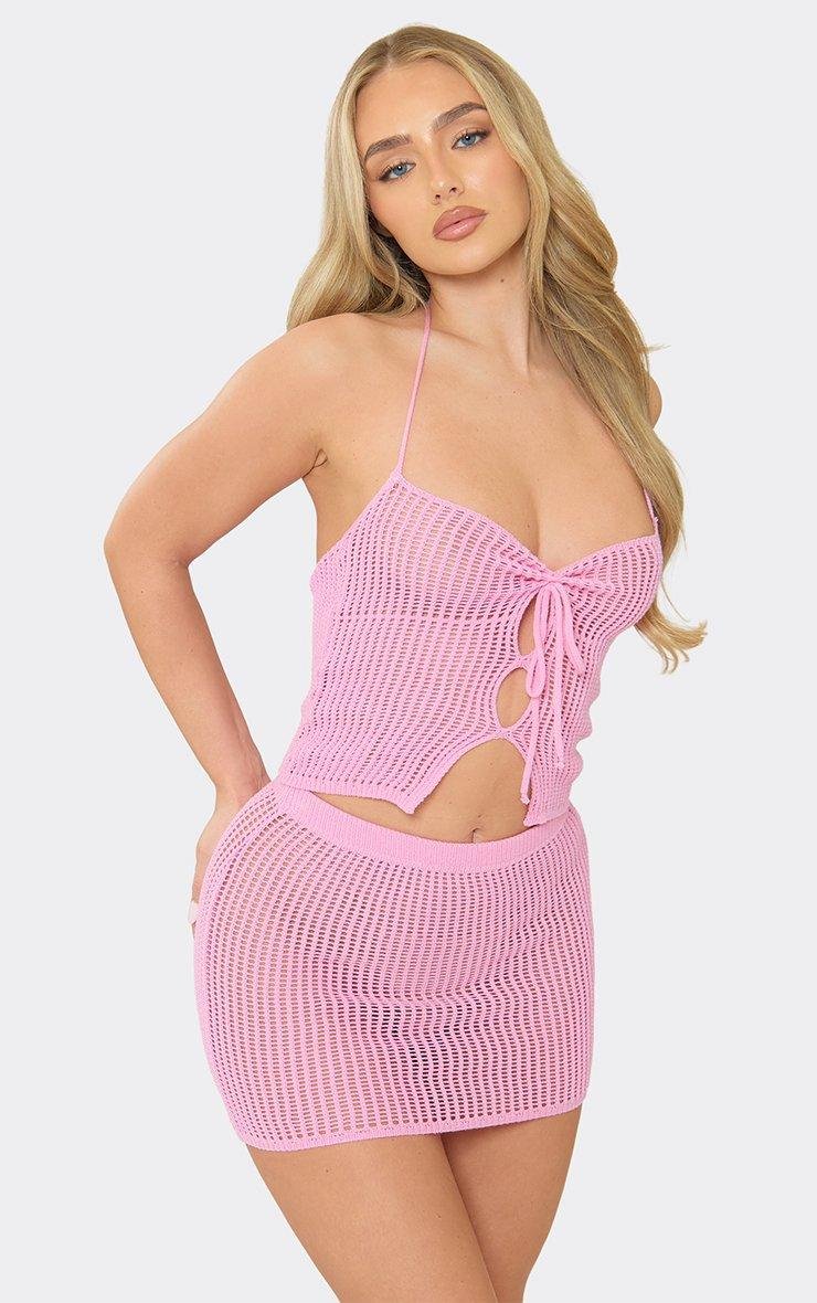 EGO Halterneck Tie Front Top In Pink Crochet Knit, Women's Size UK L - 2