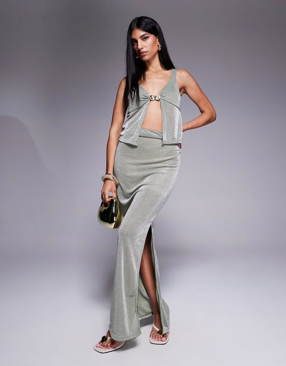 ASOS Missyempire shimmer slinky split front metal shell detail top co-ord in khaki - 2