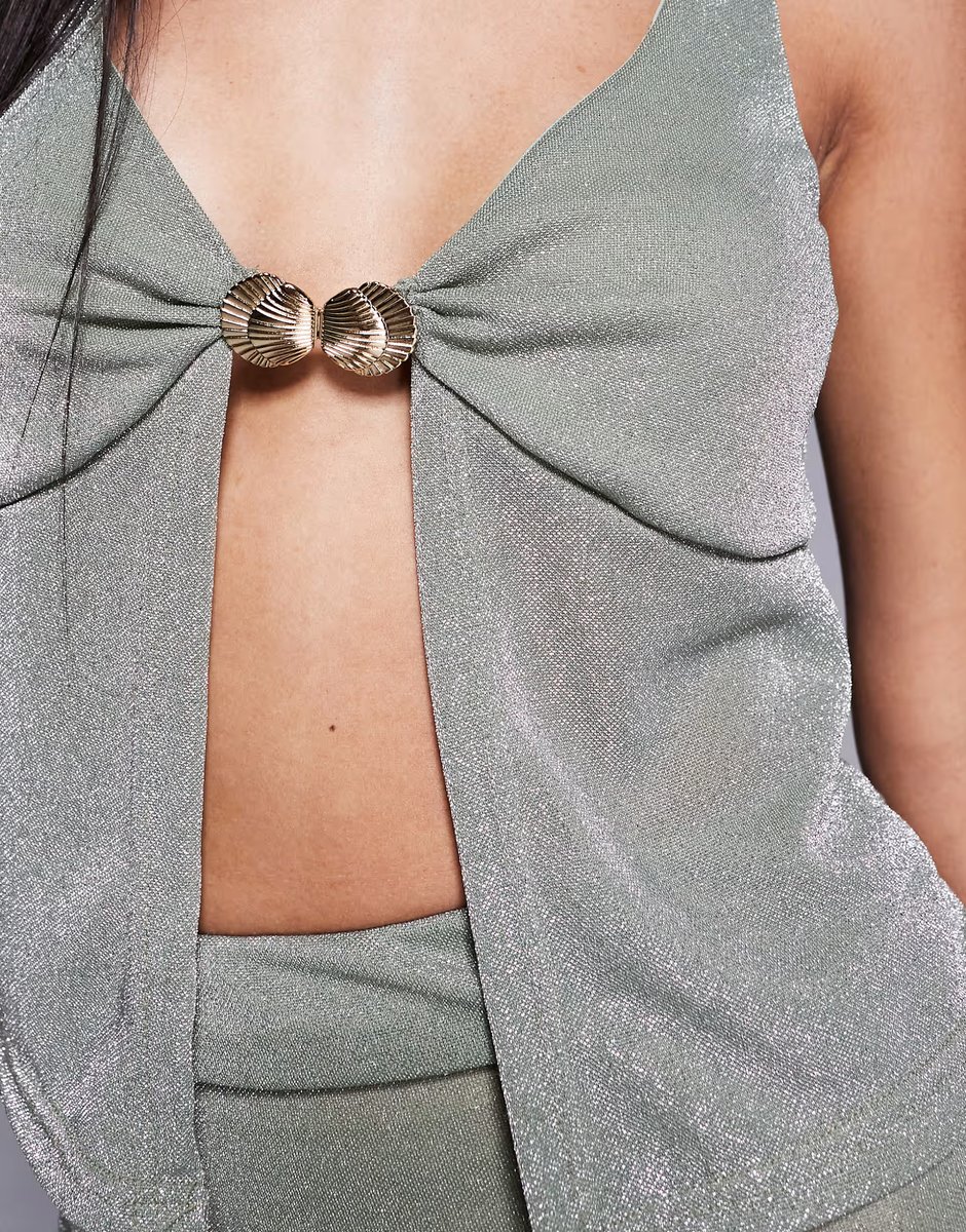 ASOS Missyempire shimmer slinky split front metal shell detail top co-ord in khaki - 3