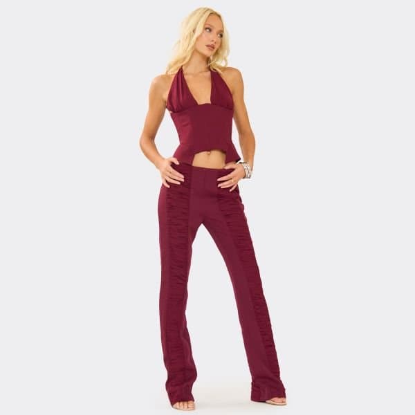 EGO EGO Burgundy Mid Rise Ruched Flared Leg Trousers
