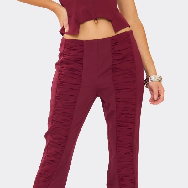 EGO Mid Rise Ruched Detail Flared Leg Trousers In Burgundy, Women's Size UK 6 - 2