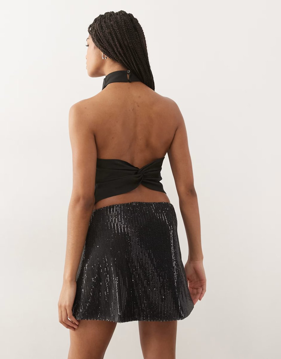 ASOS Reclaimed Vintage sequin mini skirt with side ties in black - 2